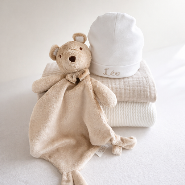 Set van 2 babydekens, babymuts en knuffel